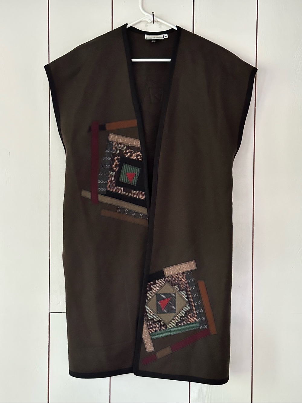 Vintage 80s Beppa Felted Wool Patchwork Appliqué Maxi Vest Coat Sz M Green